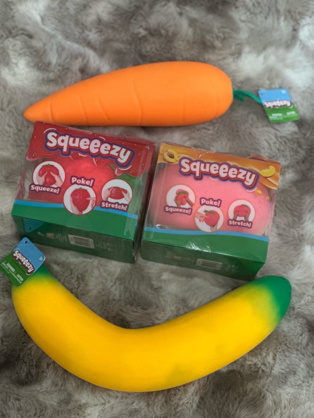 Squeeezy bundle  Squish Toys - Banana & Carrot, peach & strawberry - NWT